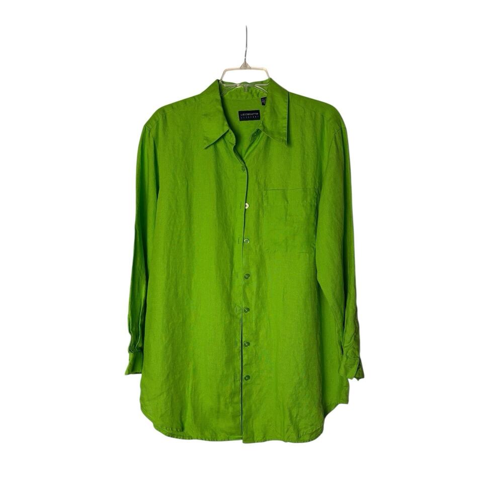 Liz Claiborne Button Up Long Sleeves 100% Linen Shirt Green Size Large